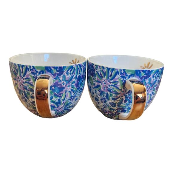 Lilly Pulitzer Set of (2) 12 Ounce Blue Ceramic Coffee Tea Mug Gold Handle NWOT - Picture 3 of 6